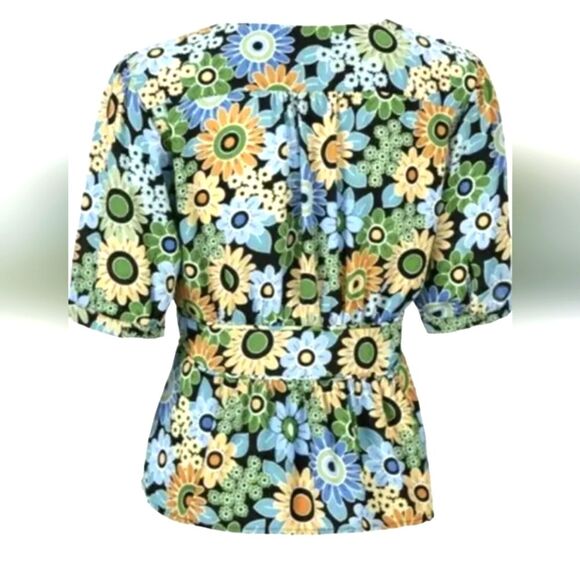 CAbi Happy Top 5900 Blouse Retro Short Sleeve Floral Button Peplum Green‎ Blue M - Picture 5 of 16